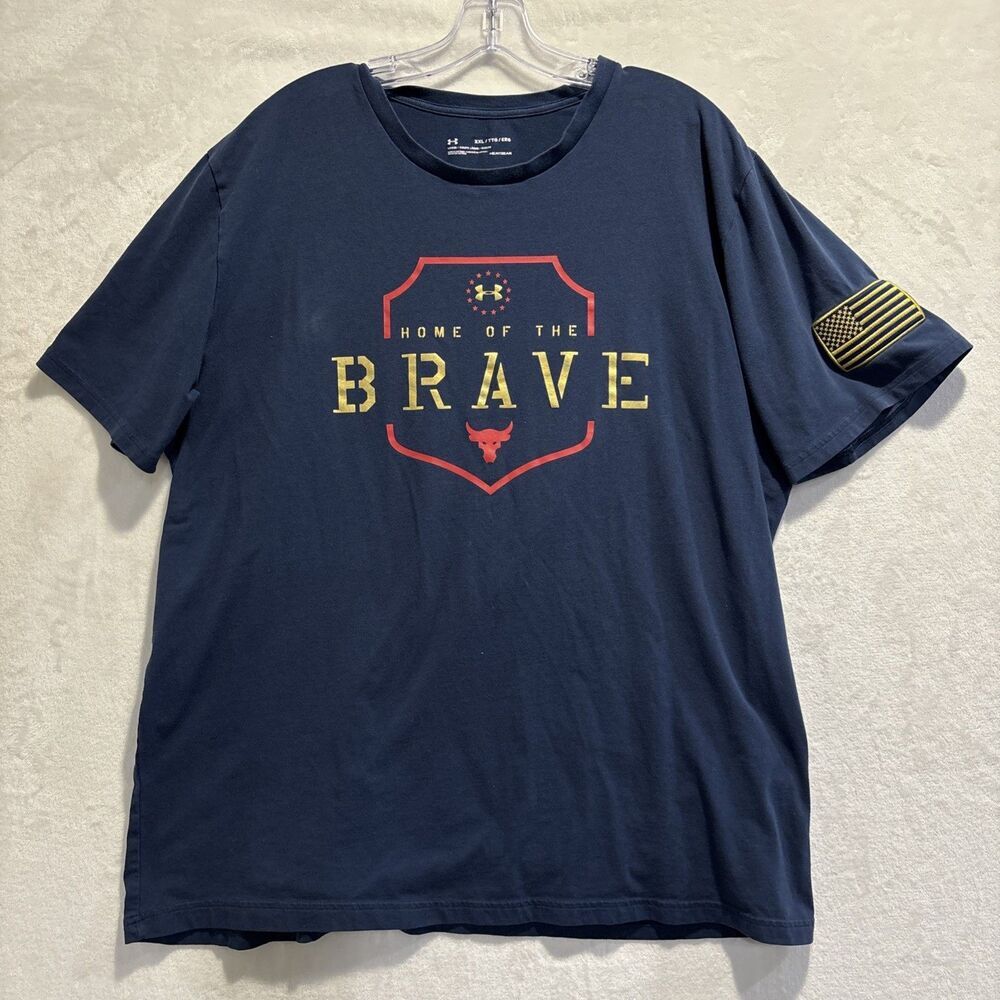 Under Armour Project Rock Shirt Men XXL Blue Home Of The Brave Flag Tee HeatGear